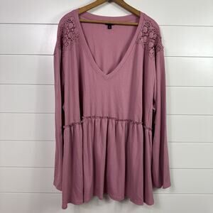 Torrid Knit V-Neck Lace Long Sleeve Waffle Thermal Babydoll Shirt Purple sz 4